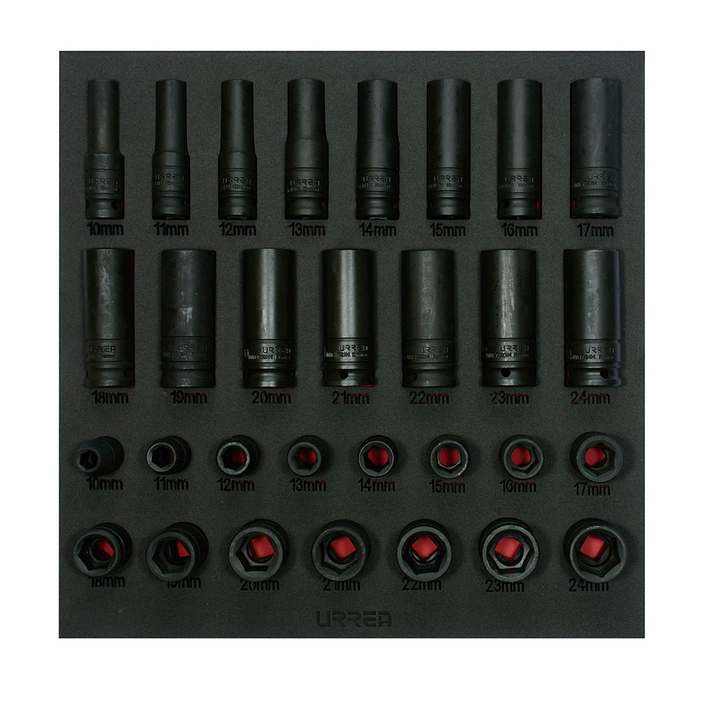 Juego de dados de impacto cortos y largos métricos cuadro de 1/2", 30 piezas Urrea - FERRETERÍA WITZI