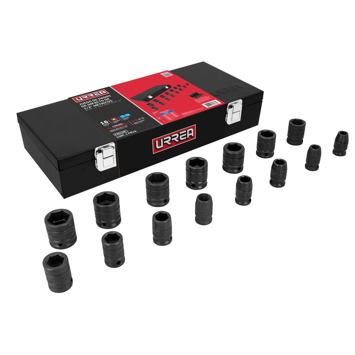 Juego de dados de impacto cuadro de 1/2", métricos en caja, 15 piezas Urrea - FERRETERÍA WITZI