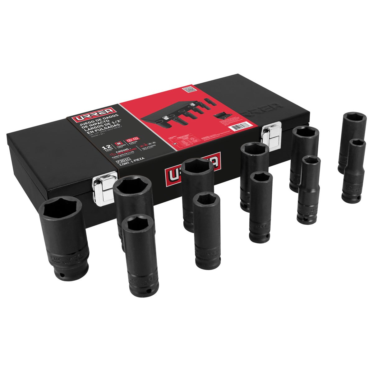Juego de dados largos de impacto cuadro de 1/2", en pulgadas en caja, 11 piezas Urrea - FERRETERÍA WITZI