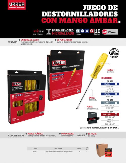 Juego de destornilladores con mango ámbar combinados, 10 piezas Urrea - FERRETERÍA WITZI