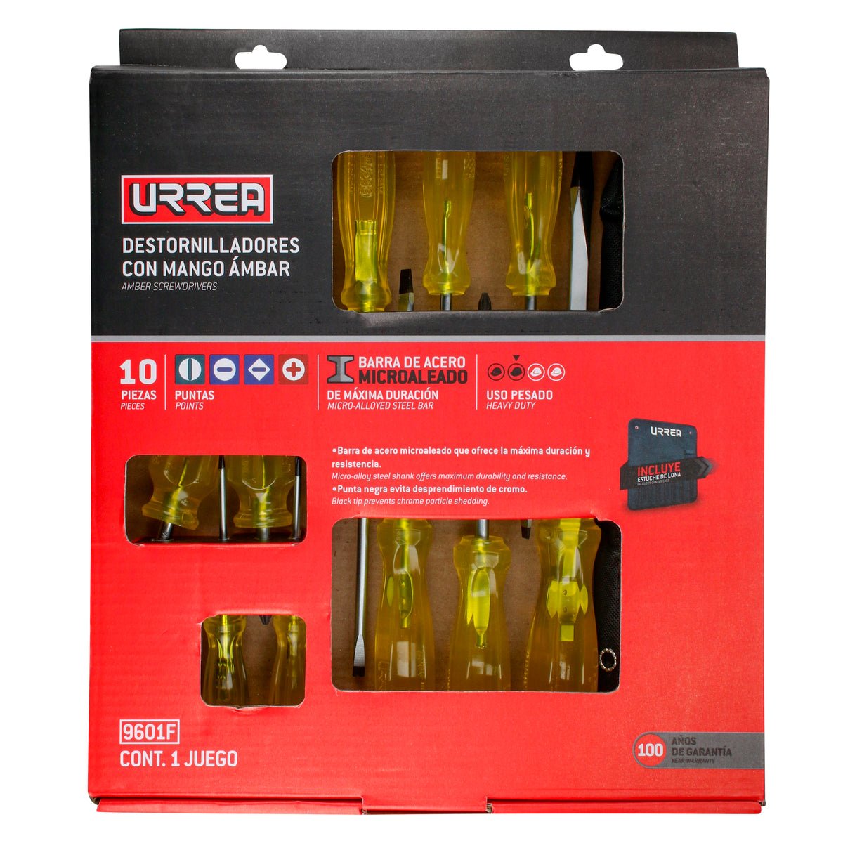 Juego de destornilladores con mango ámbar combinados, 10 piezas Urrea - FERRETERÍA WITZI
