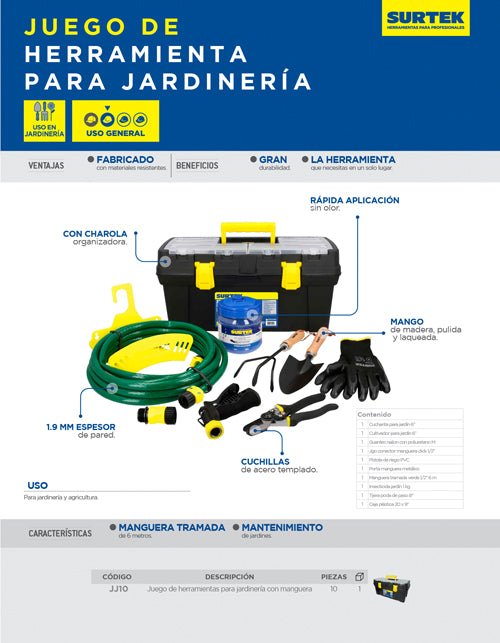 Juego de herramientas para jardinería con manguera 10 pzas Surtek - FERRETERÍA WITZI