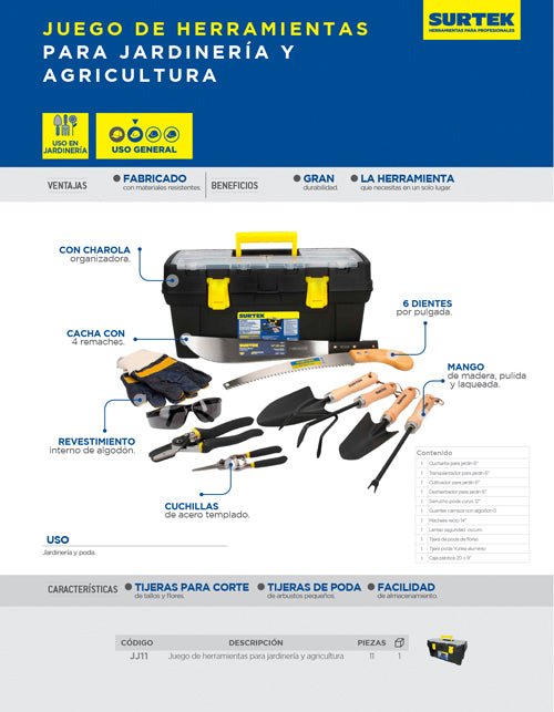 Juego de herramientas para jardinería y agricultura con caja plástica 11 pzas Surtek - FERRETERÍA WITZI