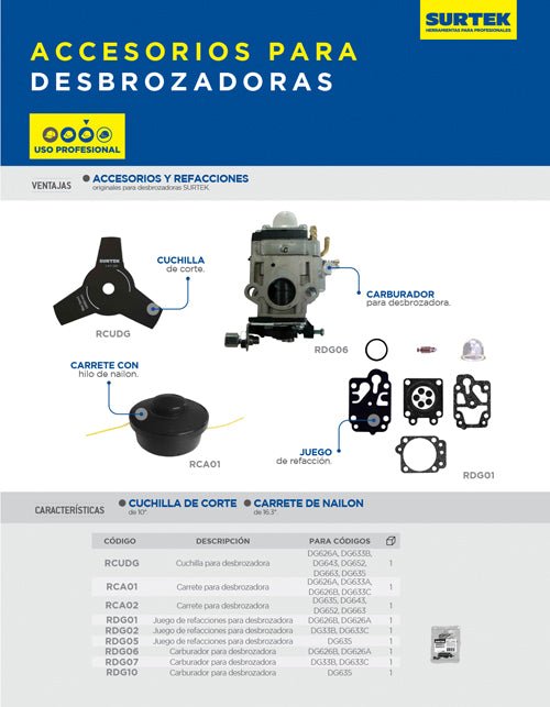 Juego de refacción para desbrozadora DG633B, DG633C, 7 piezas Surtek - FERRETERÍA WITZI