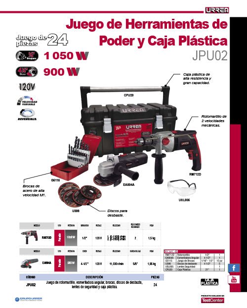 Juego de rotomartillo y esmeriladora angular con accesorios, 24 piezas con caja plástica Urrea - FERRETERÍA WITZI