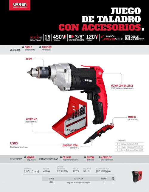 Juego de taladro con accesorios Urrea - FERRETERÍA WITZI