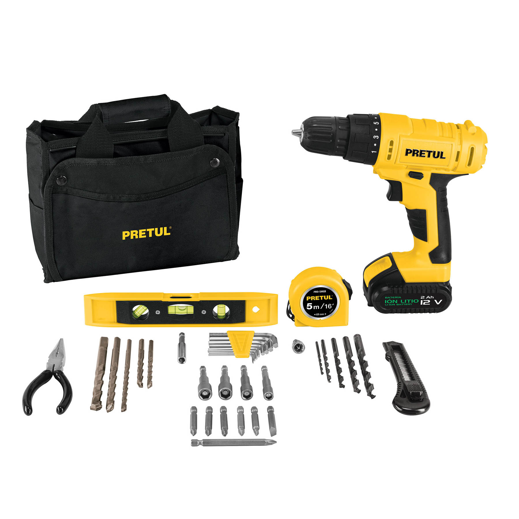 Juego de taladro inalámbrico 12V, 13 piezas ,Pretul - FERRETERÍA WITZI