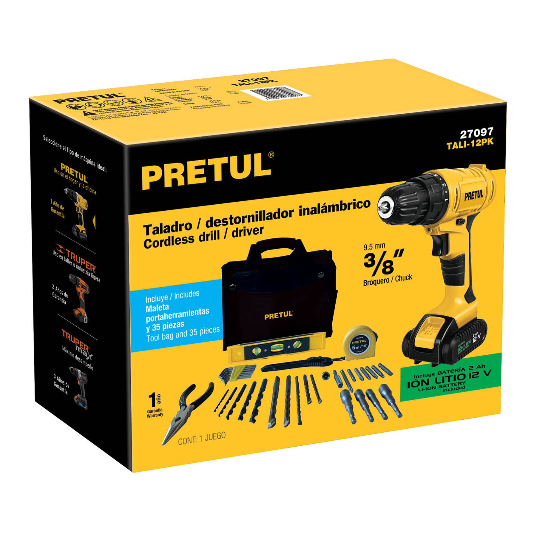 Juego de taladro inalámbrico 12V, 13 piezas ,Pretul - FERRETERÍA WITZI