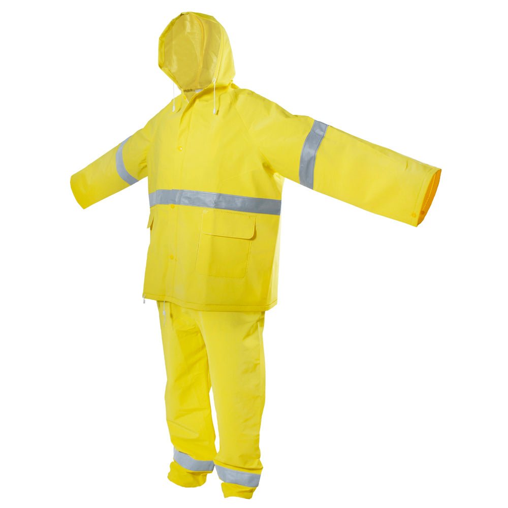 Juego de traje impermeable con reflejante de dos piezas (gabardina y pantalón) color amarillo talla chica Surtek. - FERRETERÍA WITZI