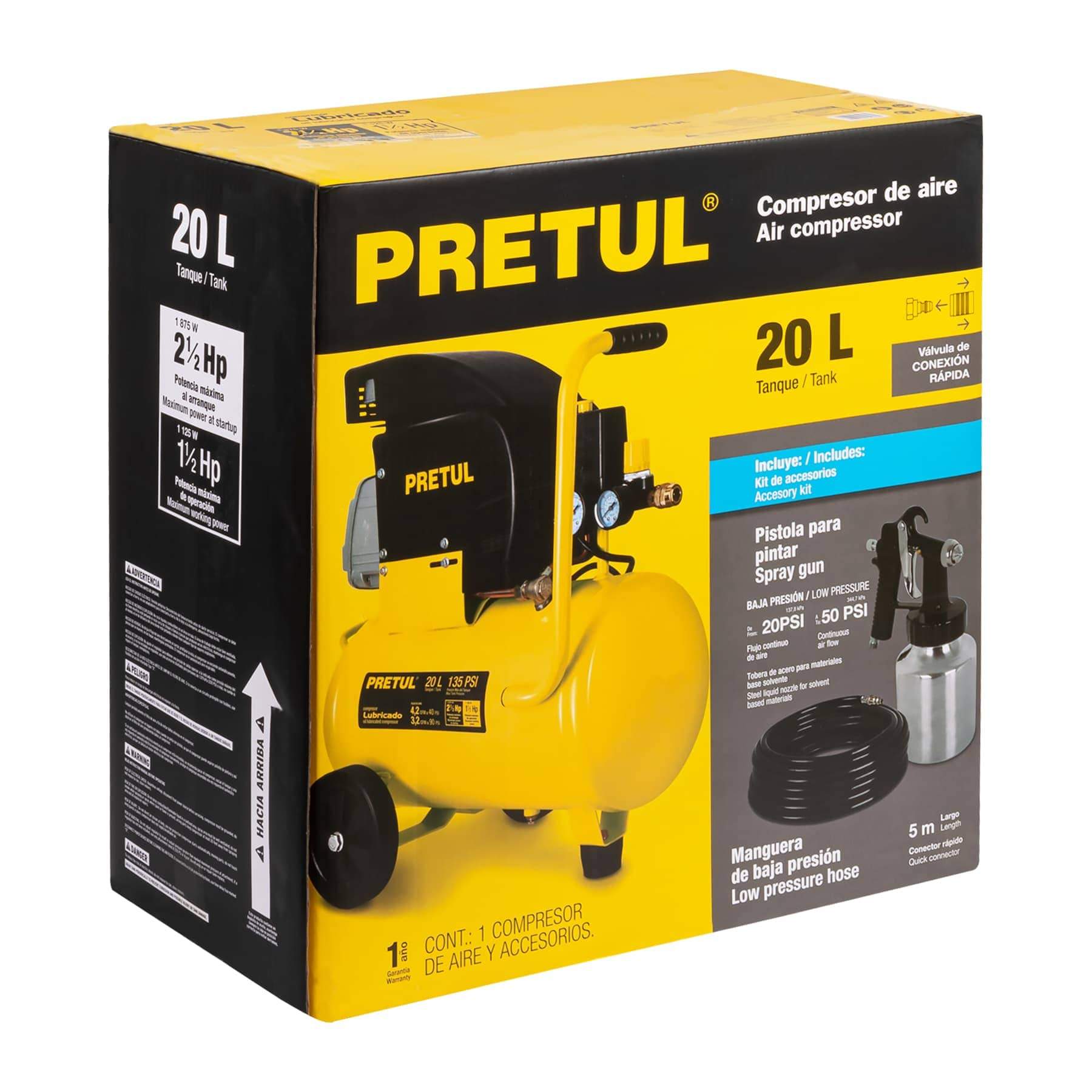 Kit De Compresor 20 L , 2-1/2 HP, Manguera PVC Y Pistola, Pretul - FERRETERÍA WITZI