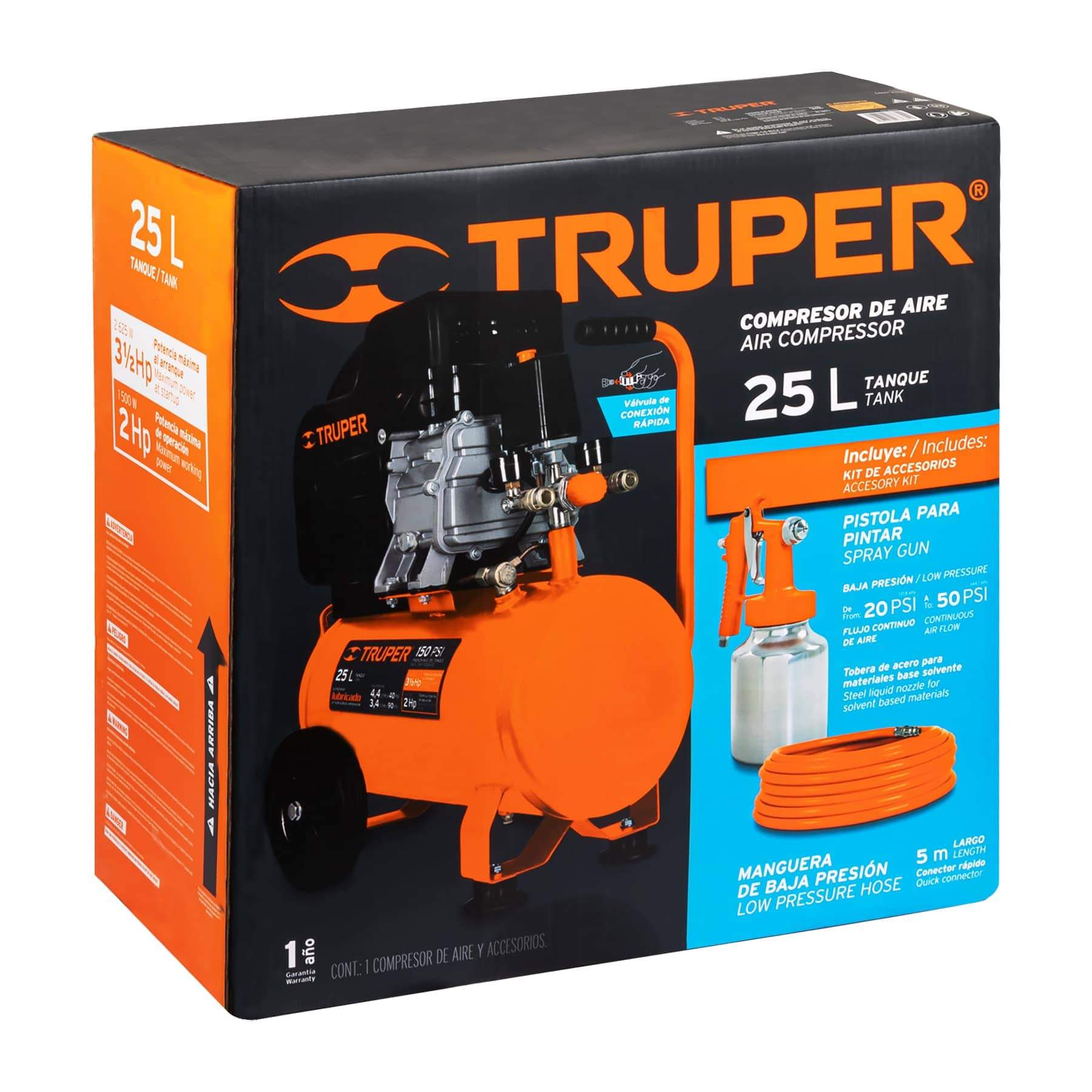 Kit De Compresor De 25 L, Manguera Y Pistola, Truper - FERRETERÍA WITZI