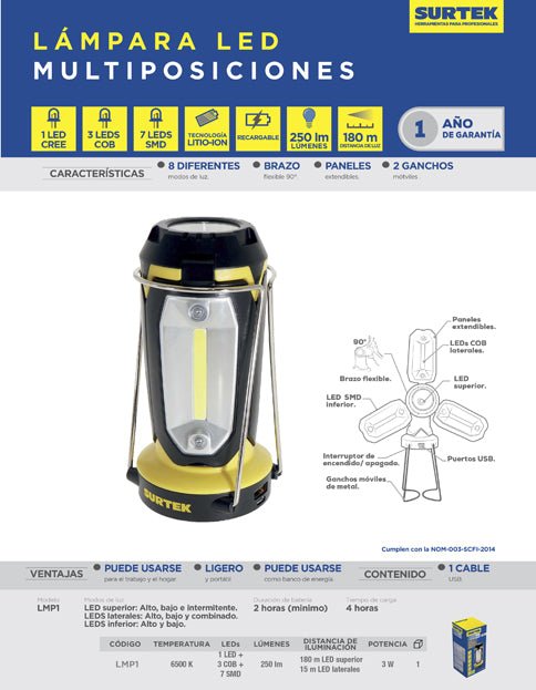 Lámpara de LED multiposiciones recargable 350 lm Surtek - FERRETERÍA WITZI