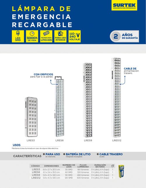 Lámpara de LED recargable de emergencia Surtek - FERRETERÍA WITZI