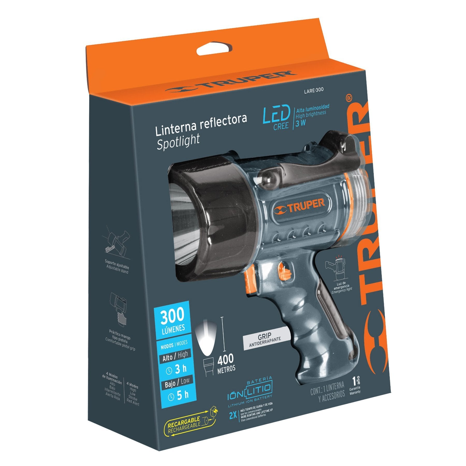 Lámpara recargable de led de alta potencia 300LM, 7W - FERRETERÍA WITZI