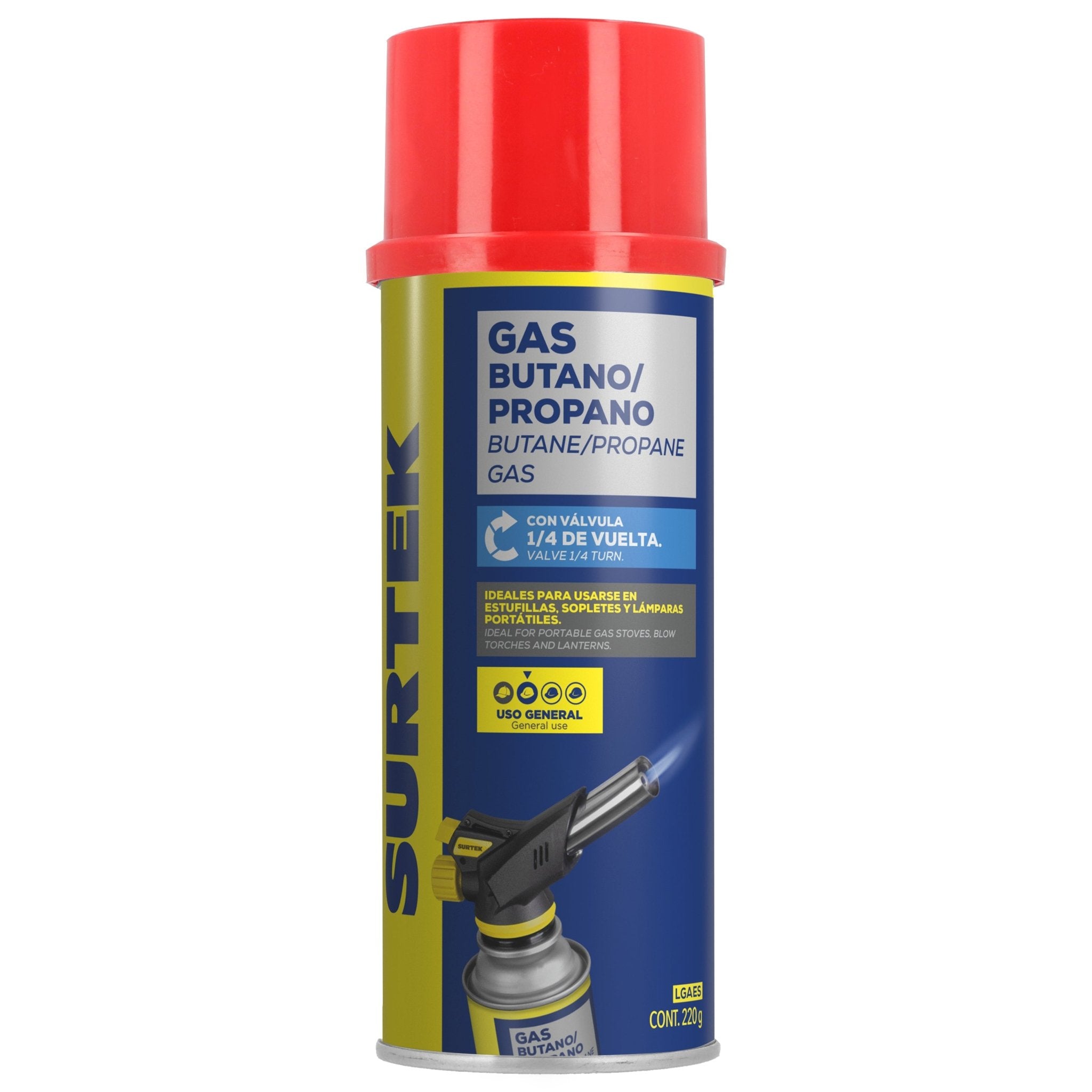 Lata de gas butano/propano con válvula 1/4 de vuelta 220 g Surtek - FERRETERÍA WITZI