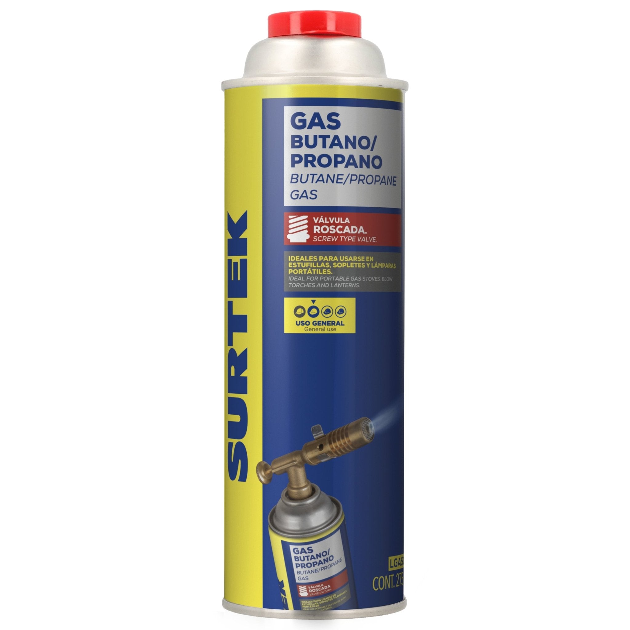 Lata de gas butano/propano con válvula roscada 275 g Surtek - FERRETERÍA WITZI