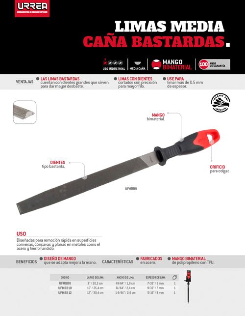 Lima media caña bastarda con mango bimaterial 8" Urrea - FERRETERÍA WITZI