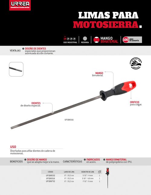 Lima para motosierra con mango bimaterial 7/32" x 8" Urrea - FERRETERÍA WITZI