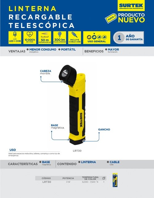 Linterna telescopica recargable Surtek - FERRETERÍA WITZI
