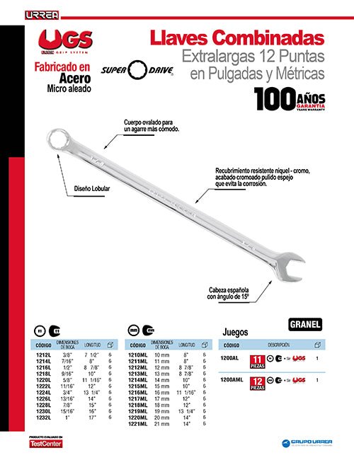 Llave combinada extra larga pulido espejo en pulgadas, 12 puntas, 1/2" Urrea - FERRETERÍA WITZI