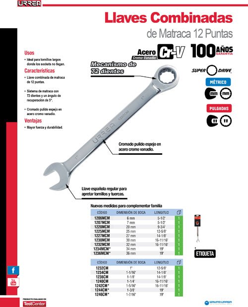 Llave combinada pulido espejo de matraca métrica, 12 puntas, Urrea - FERRETERÍA WITZI