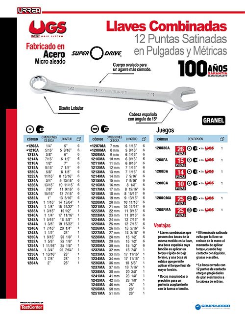 Llave combinada satinada métrica, 12 puntas, Urrea - FERRETERÍA WITZI