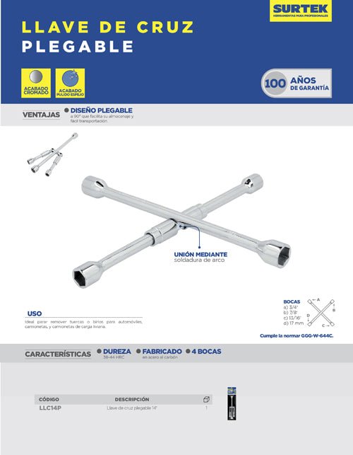 Llave de cruz cromada plegable 14" Surtek - FERRETERÍA WITZI