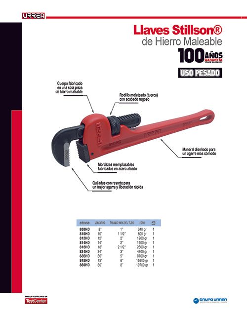 Llave Stillson de hierro maleable, 8" Urrea - FERRETERÍA WITZI