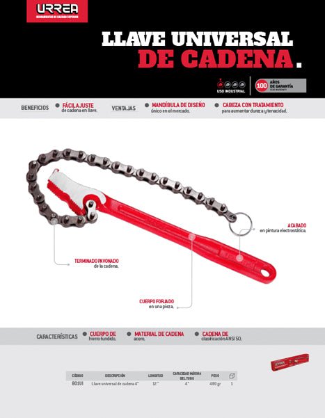 Llave universal de cadena reversible para tubos de 4" Urrea - FERRETERÍA WITZI