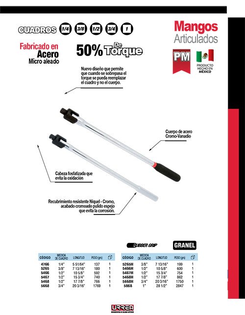 Mango articulado para dado cuadro de 1/2", 10-5/8" Rubber Grip Urrea - FERRETERÍA WITZI