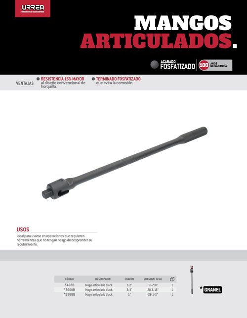 Mango articulado para dado cuadro de 1/2", 17-7/8" fosfatizado Urrea - FERRETERÍA WITZI