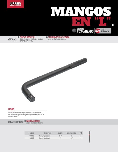 Mango en L con barreno pasado para dado de impacto cuadro de 1-1/2", 38" Urrea - FERRETERÍA WITZI