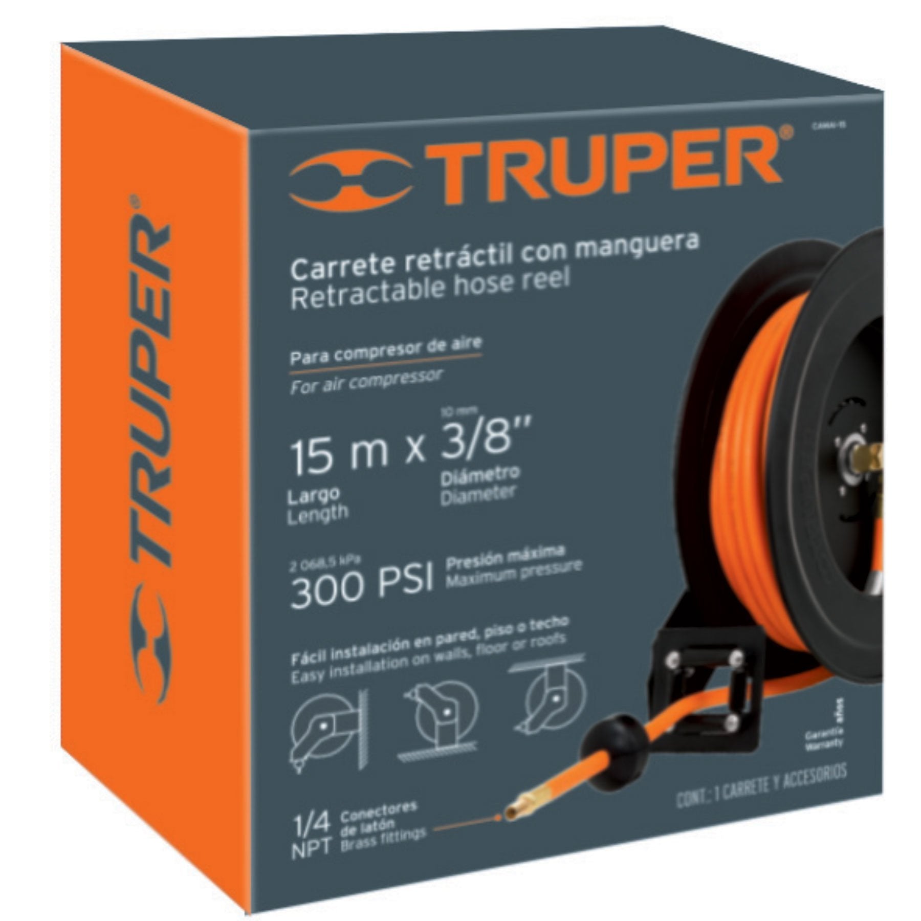 Manguera De Hule De 3/8", 15 m Con Carrete Retráctil, Truper - FERRETERÍA WITZI