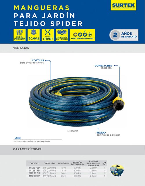 Manguera para jardín spider con conector plástico 1/2", 20 m Surtek - FERRETERÍA WITZI