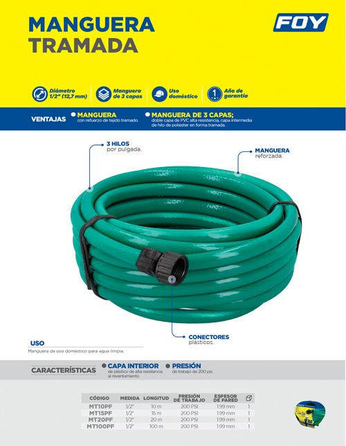 Manguera para jardín tramada con conector plástico 1/2", 20 m Foy - FERRETERÍA WITZI