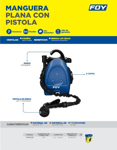 Manguera plana con pistola y porta manguera Foy - FERRETERÍA WITZI