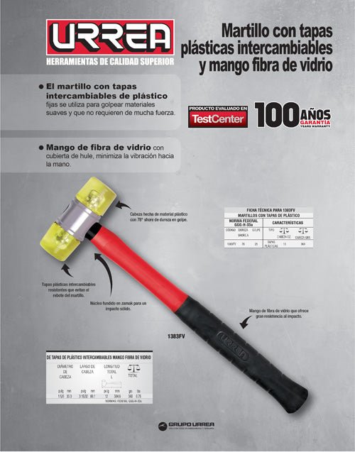 Martillo con tapas plásticas con mango de fibra de vidrio de 11-1/4", 13 oz Urrea - FERRETERÍA WITZI