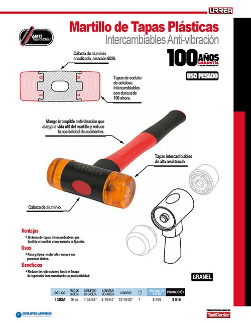 Martillo con tapas plásticas intercambiables con mango anti-vibración, 16 oz Urrea - FERRETERÍA WITZI