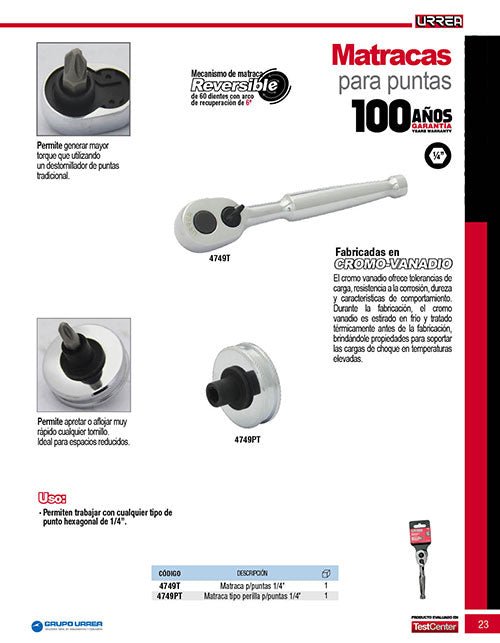 Matraca cabeza pera para punta hexagonal de 1/4" Urrea - FERRETERÍA WITZI