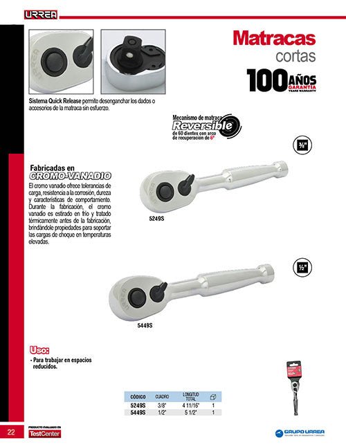 Matraca reversible mango corto para dado cuadro de 1/2", Quick Release Urrea - FERRETERÍA WITZI