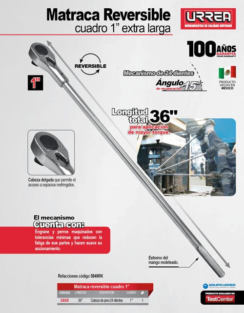 Matraca reversible mango largo para dado cuadro de 1", Quick Release Urrea - FERRETERÍA WITZI