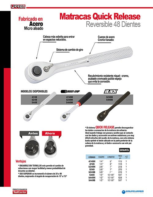 Matraca reversible para dado cuadro de 1/2" cromada, Quick Release Urrea - FERRETERÍA WITZI
