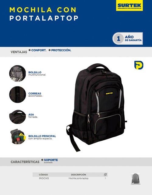 Mochila Sport con tirantes acolchonados 40 x 20 x 50 cm Surtek - FERRETERÍA WITZI