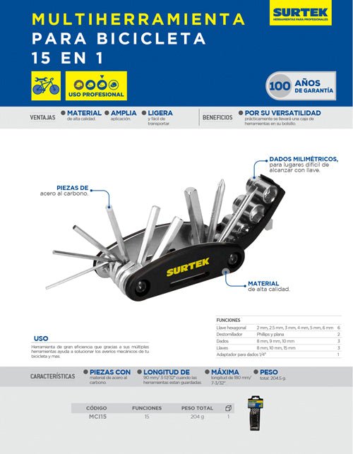 Multiherramienta para bicicleta 15 en 1 Surtek - FERRETERÍA WITZI