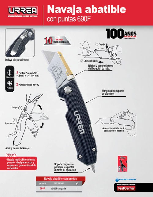 Navaja utilitaria abatible con puntas de 7-1/4" Urrea - FERRETERÍA WITZI