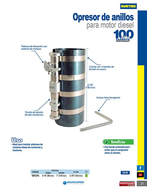 Opresor de anillo para motor de diésel de 3-1/2 a 7" Surtek - FERRETERÍA WITZI