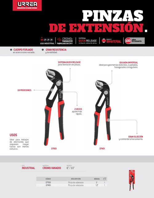 Pinza de extensión 19 posiciones de 8" Quick Release Urrea - FERRETERÍA WITZI