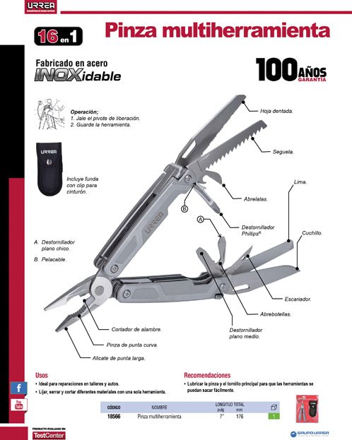 Pinza multiherramienta 16 en 1 de 7" Urrea - FERRETERÍA WITZI