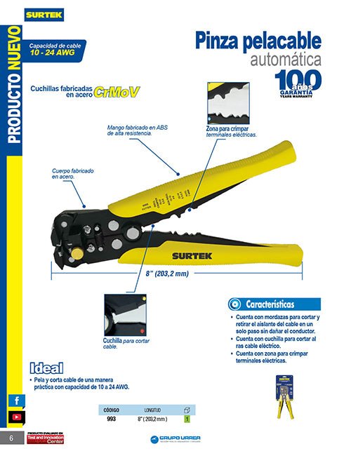Pinza pelacable 10-24 AWG de 8" automática Surtek - FERRETERÍA WITZI