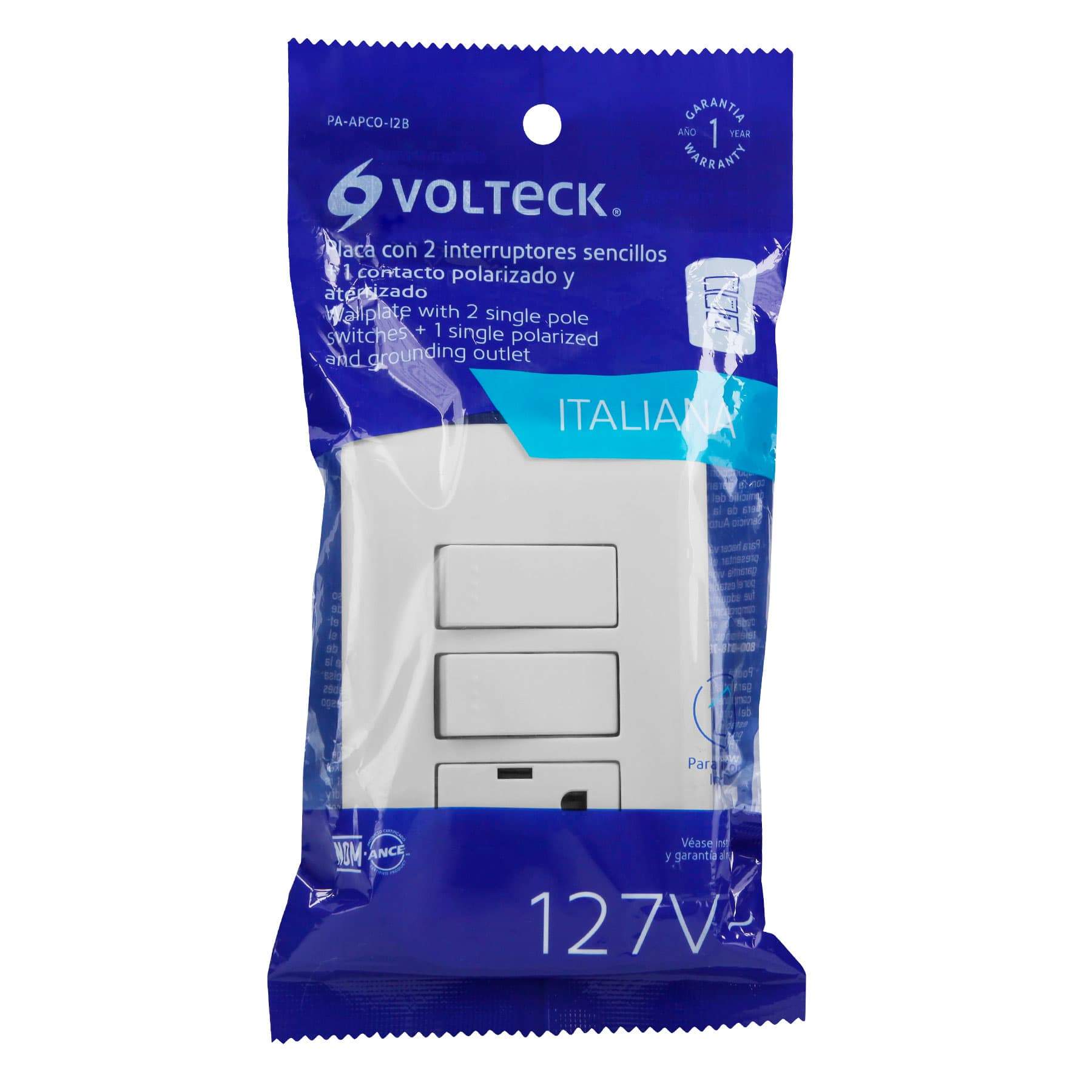 Placa Armada Contacto 2 Interruptores, Blanco ,Línea Italiana, Volteck - FERRETERÍA WITZI